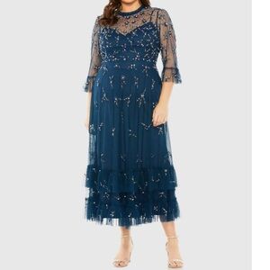 MAC DUGGAL 18W; Navy High Neck Embellished Flutter Half Length Sleeve Dress